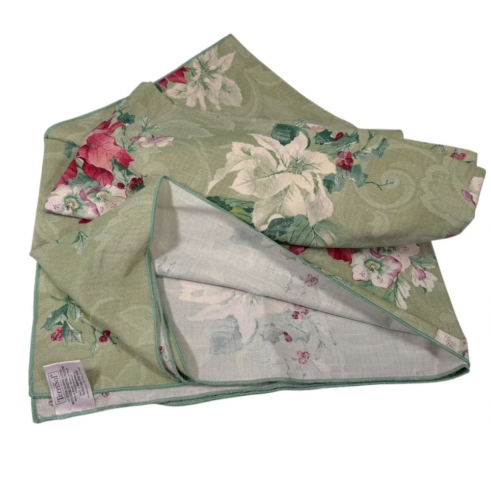 TerriSol 136x49 Green Tablecloth Poinsettia Floral Christmas Holiday Cottagecore